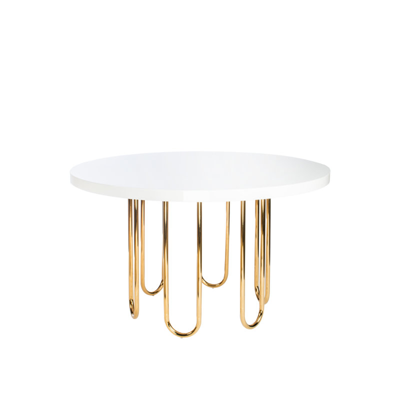 Kornel 51" Round Dining Table with Gold Metal Base – Modern White Wood Top and Sculptural Legs