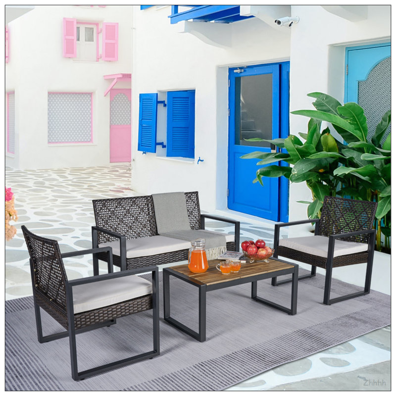 Ensemble de meubles de patio 4 pièces avec balcon et véranda, Marron clair, Noir