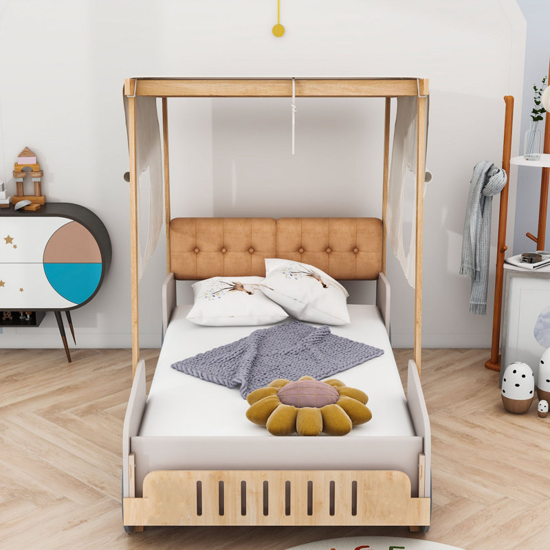 Wooden Car-Shaped Platform Bed with Pillows, Twin