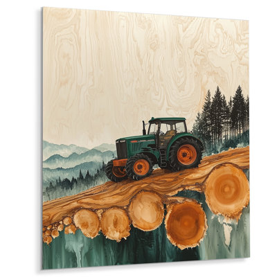 Grange avec paysage de tracteur sur un dessus de Brown IV - campagne, reproduction d'art sur métal, art mural ferme
