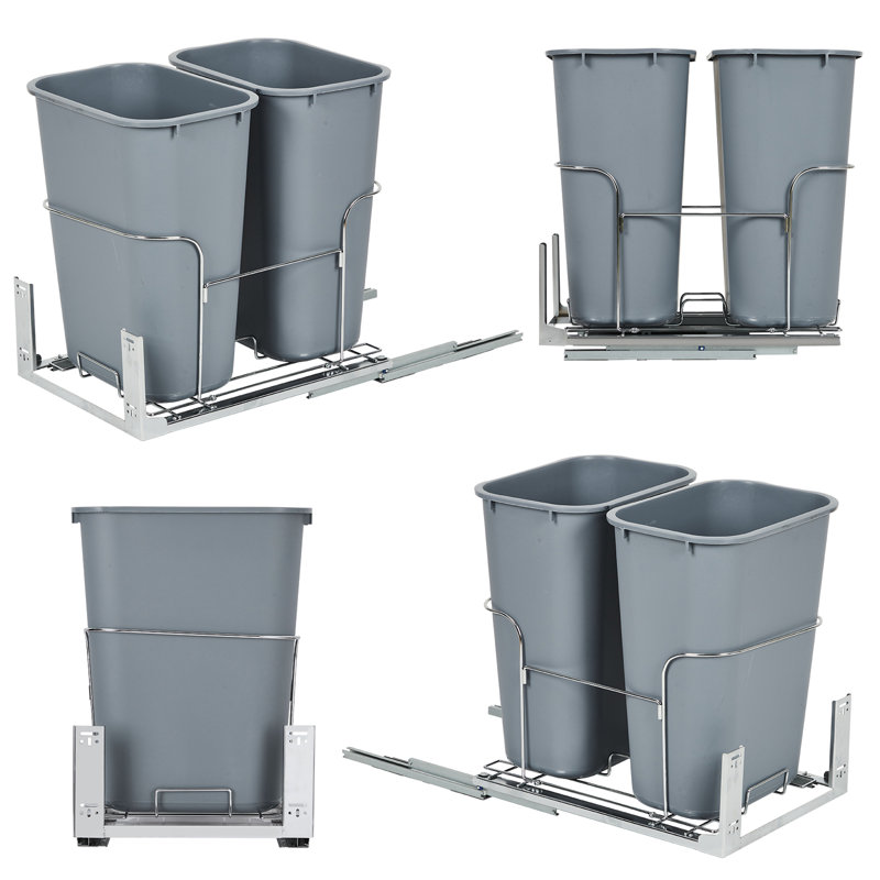 Poubelle de cuisine double escamotable peu encombrante - 2 bacs en acier gris clair de 35 pte - Glissières silencieuses à extension complète, pare-chocs en caoutchouc, poubelle et bac de recyclage sous l'armoire