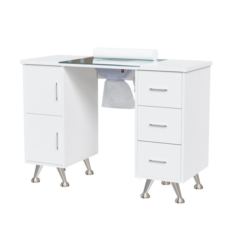 Table manucure à clou avec plateau en verre et dépoussiéreur électrique et repose-poignet, Blanc