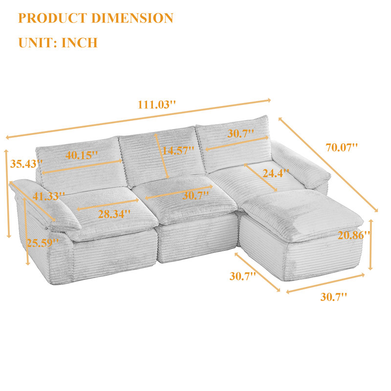 Canapé modulaire en L 111 po avec repose-pieds, Blanc