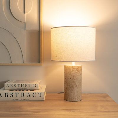 Cristalyn Marble Effect Natural Table Lamp with Drum Shade