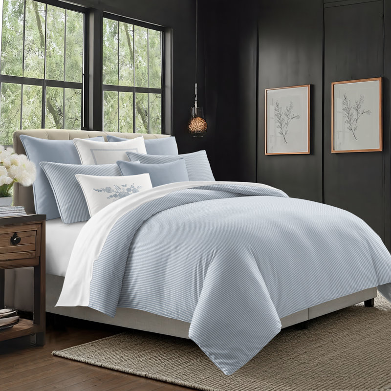 Ruben Stripe Reversible Cotton Duvet Cover Set, Cal.King Duvet Cover + 2 King Shams, Cornflower