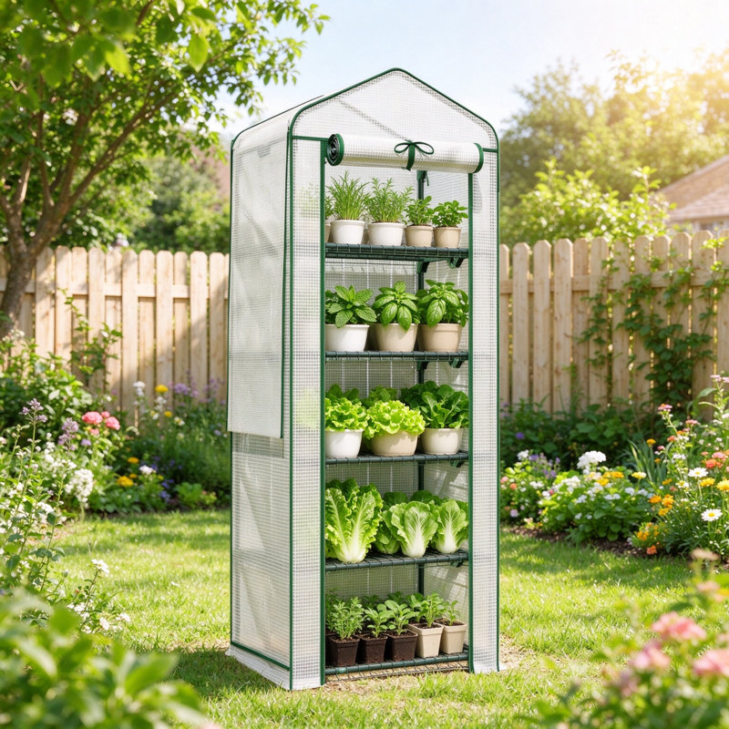 Outsunny 5 Tier Mini Greenhouse With Screen Roof, 27.6 Inch x 19.7 Inch x 75.6 Inch Portable Small Greenhouse With High‑Strength PE Cover, Roll‑Up Zipper Door For Garden, Yard And Backyard, White