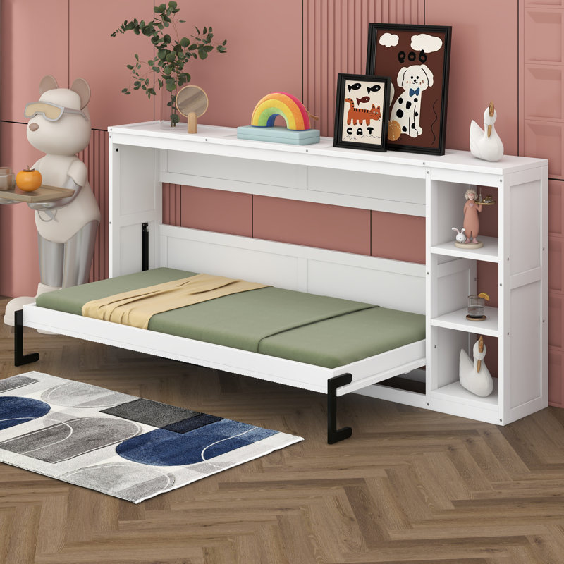 Lit escamotable moderne avec bibliothèque, Blanc, Double