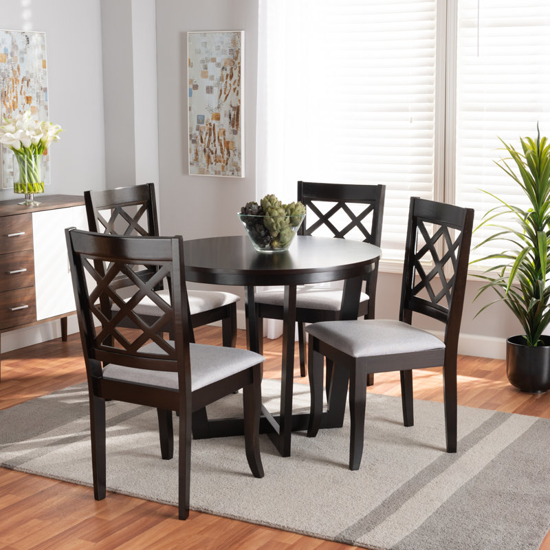 Dorsey 5-Pc Dining Set in Grey Fabric and Dark Brown Finished Wood, 29.9'' H X 35.4'' W X 35.4'' D, Expresso Brown