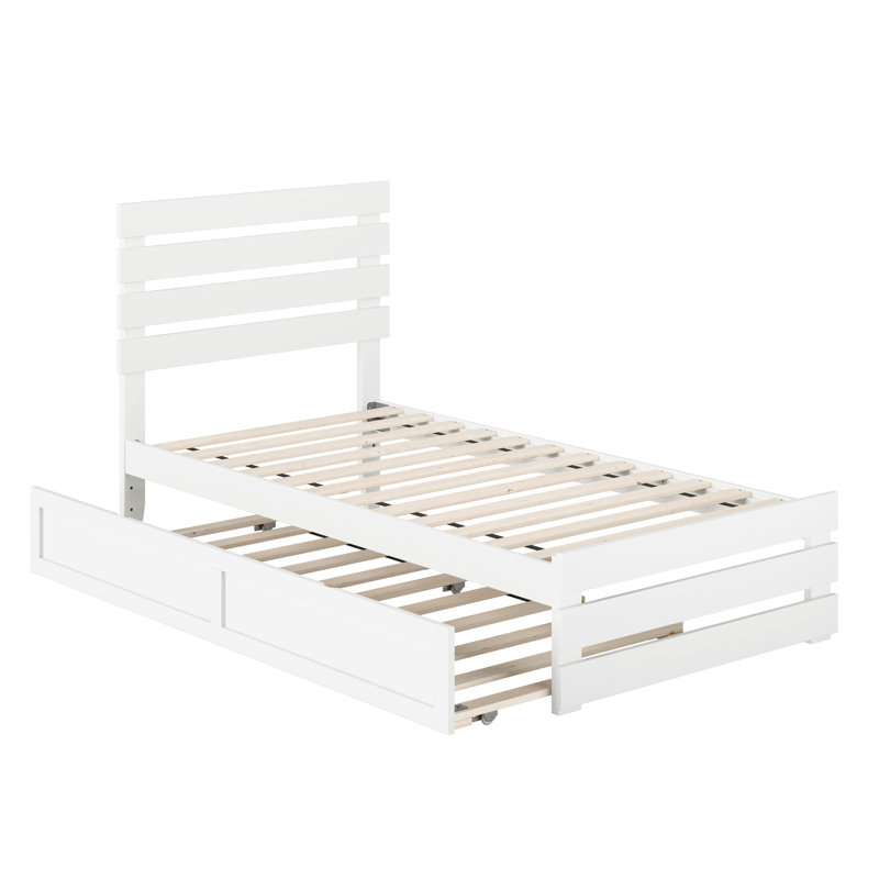 Jaqson Premium Wood Farmhouse Platform Bed with Matching Footboard & Roll Out Trundle, Twin, White