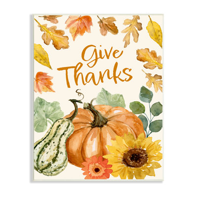 " Give Thanks Harvest Gourds Leaves Autumnal Border " by Victoria Barnes