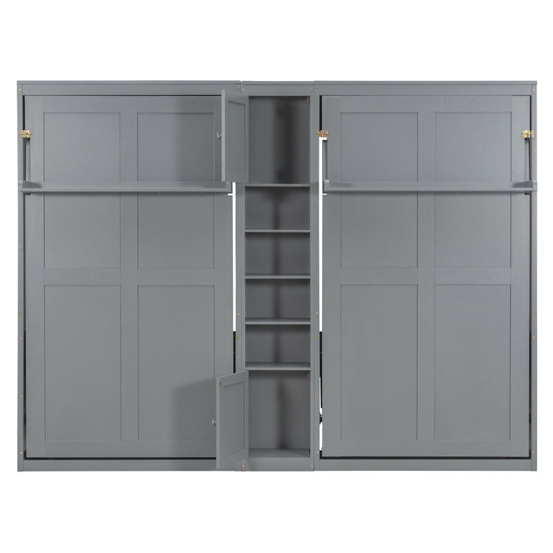 Lits simples escamotables doubles avec armoires et tablettes, gris