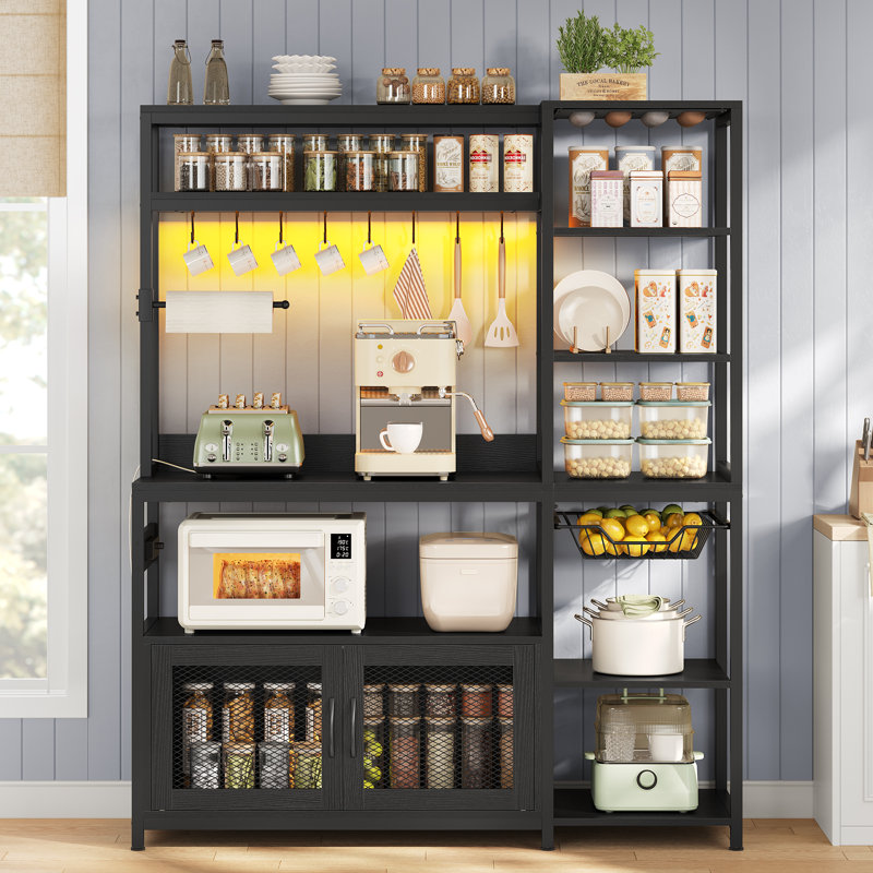 47.2” Baker's Rack With Coffee Pod Holder, Kitchen Coffee Bar With Power Outlet And Led Light, Microwave Stand With Storage Shelves, Metal Cabinet, Wire Basket, 8 Hooks