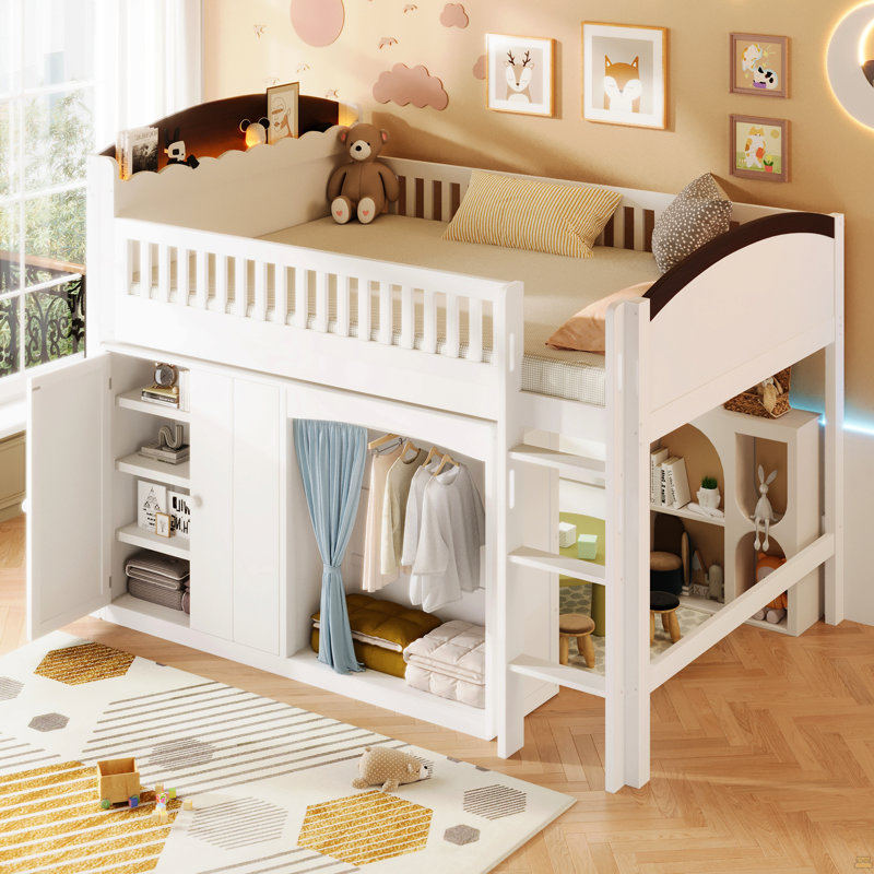 Lit mezzanine double avec armoire de rangement, garde-robe et DEL, Lit double, Blanc
