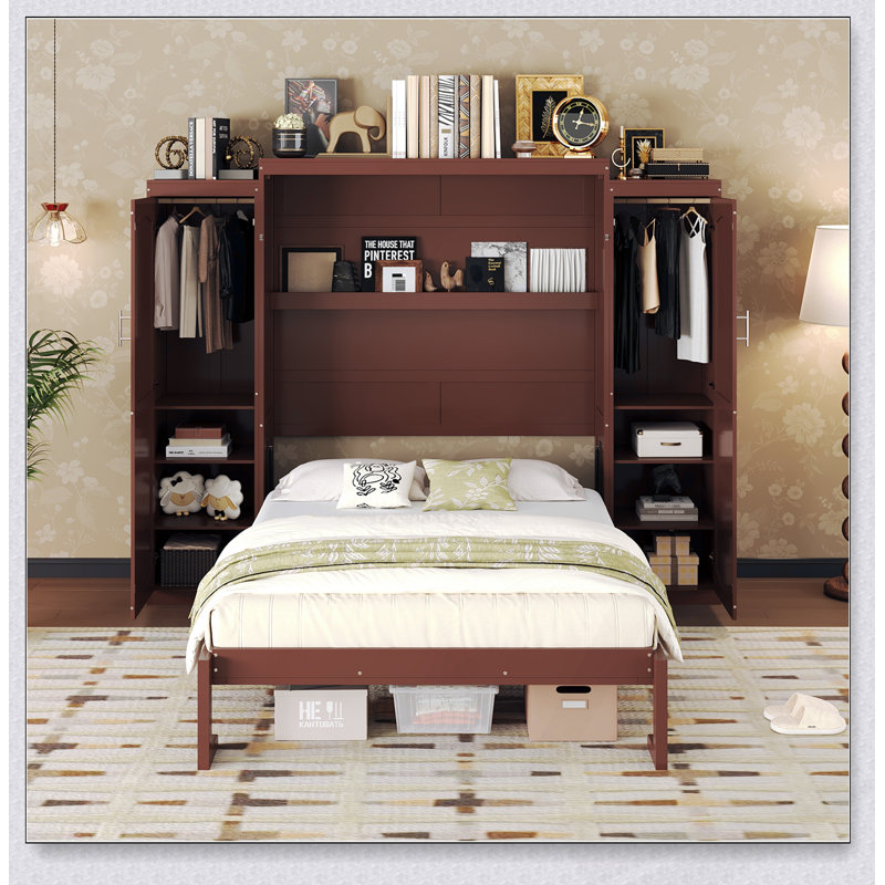 Lit escamotable, lit escamotable en bois avec 2 garde-robes et tablette de rangement, cadre de lit plateforme pliable multifonctionnel pour chambre d'amis, chambre à coucher
