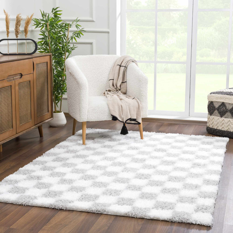 Atiran Checkered Plush Pile Gray Area Rug, Rectangle 8'10" x 12'