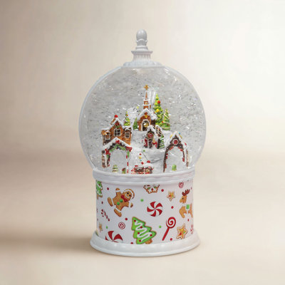 11.7“H Acrylic Gingerbread Globe - LED Lights, Water Spinning Glitter, Battery - Hand-Painted Resin