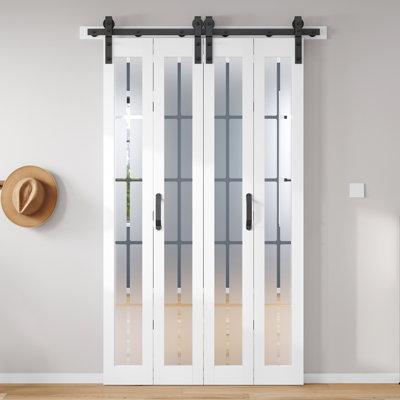 Porte de grange pliante 84 po en bois manufacturé et en verre blanc français avec quincaillerie d'installation