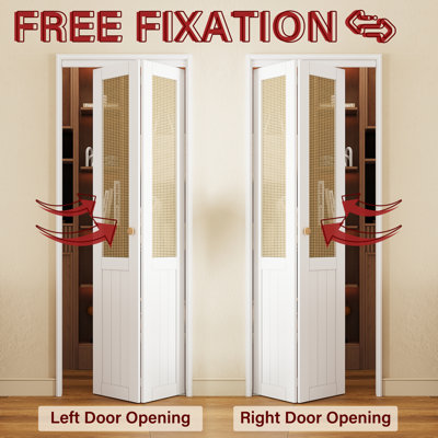 72" x 80" Solid Manufactured Wood And Imitation Rattan Hand-Woven White Double bi-Fold Closet Doors With Hardware Kit