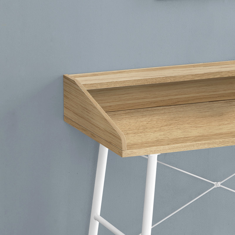 Bureau d'ordinateur, bureau personnel, ordinateur portable, tablettes de rangement, L 48 po, travail, stratifié naturel, métal blanc, contemporain, moderne