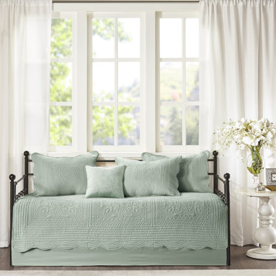 Housse de lit de jour - réversible 6 pièces, bordure festonnée, matelas simple, couvre-lit, couvre-oreillers, brillance réversible, ajustement, rembourrage en coton, 3 décoratifs
