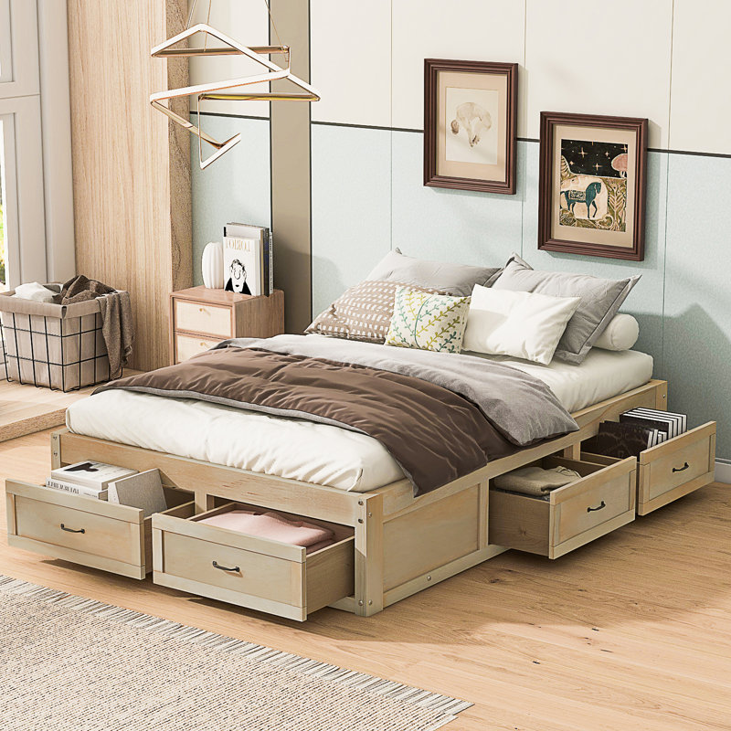 Lit plateforme double avec 6 tiroirs de rangement, Antique Natural