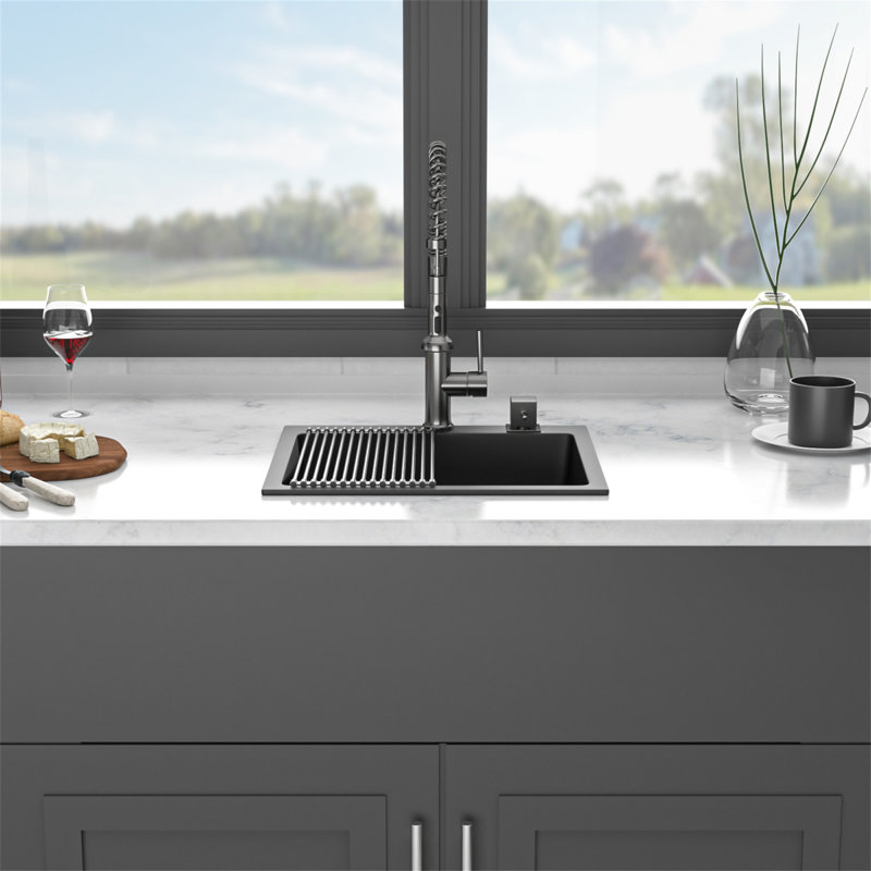 Quartz Kitchen Sink - 25X22" Black Granite Composite Drop In Kitchen Sink