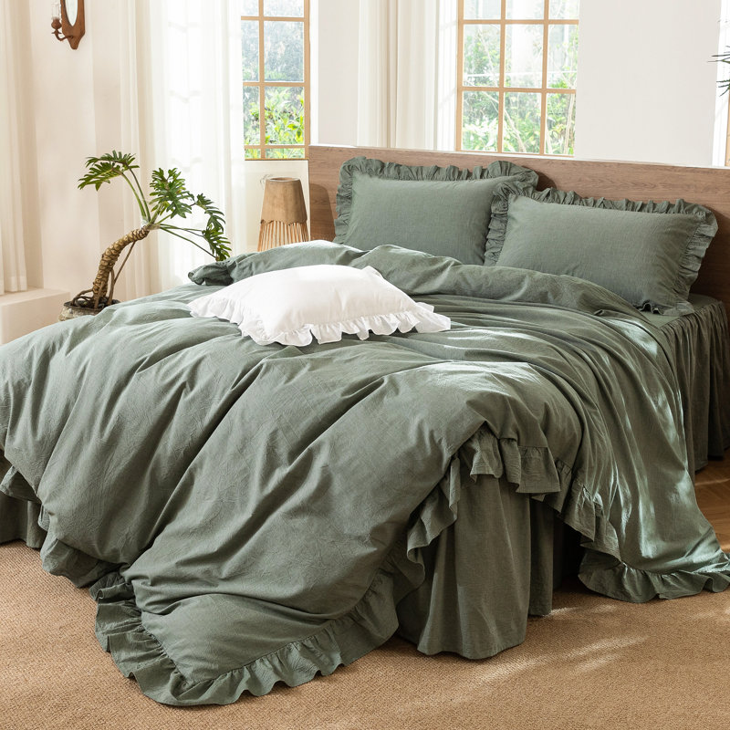 Ensemble de housse de couette à volants 100% coton délavé MooMee, Housse de couette très grand et 2 très grandes t, Vert
