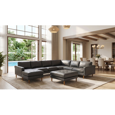 Mentzer 142" Wide Leather Match Right Hand Facing Corner Sectional with Ottoman