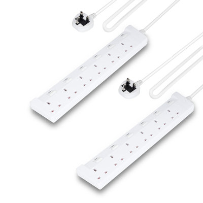 GEEPAS 6 Gang Extension Lead, 2M Cable | 6-Way Plug Extension Cable | 6 Socket Desk Power Strip With Individual Switches For Home Office | Heavy Duty UK Plug | White, Pack Of 2