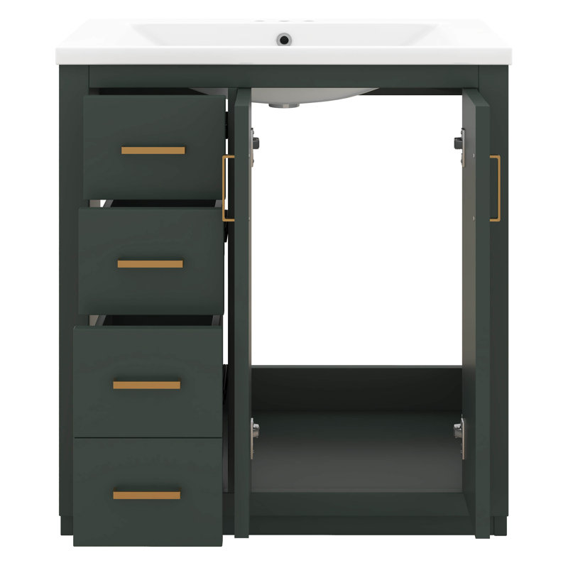 Meuble-lavabo de 30 po avec lavabo en céramique, armoire de rangement moderne à 3 tiroirs et 2 portes, meuble-lavabo autoportant, fermeture en douceur