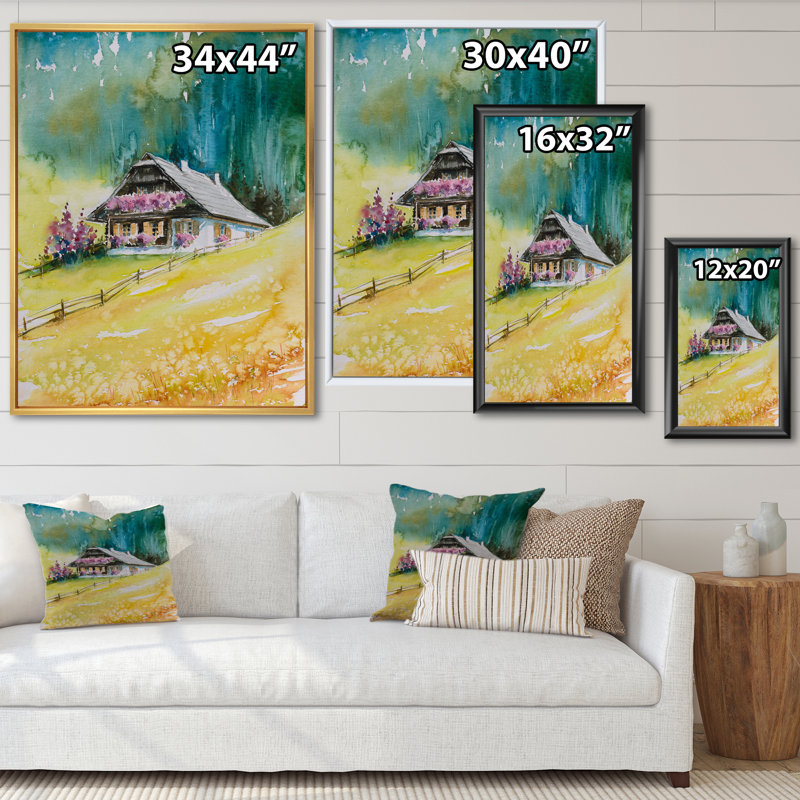 Alpine House On Green Mountains - peinture sur toile, Cadre flottant en érable, H 20 po x l 12 po