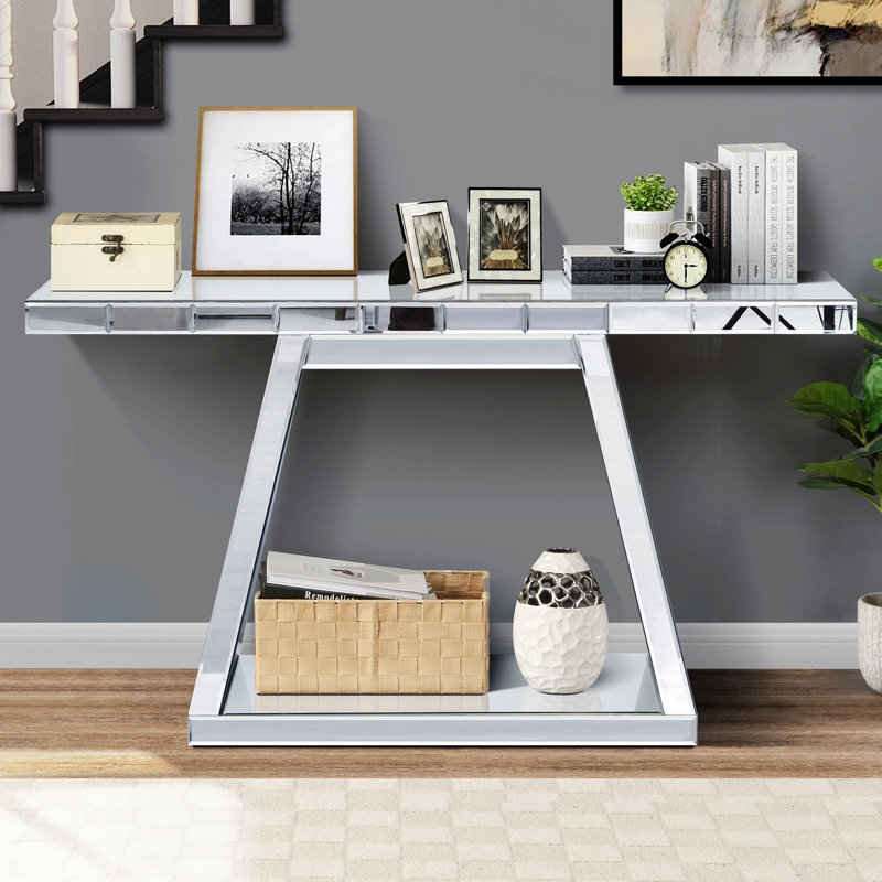 Modern Luxe Mirror Entryway Table with Sturdy Construction and Open Storage