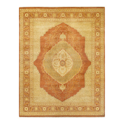 Tapis orange / jaune en laine noué à la main de conception unique 8 pi 4 po x 10 pi 7 po Chebia Mogul