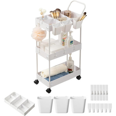 Chariot de rangement mince avec roulettes - Organisateur mobile à 3 niveaux avec tasses, crochets et séparateurs suspendus - Chariot utilitaire peu encombrant pour la lessive, la salle de bain, la cuisine et les espaces étroits
