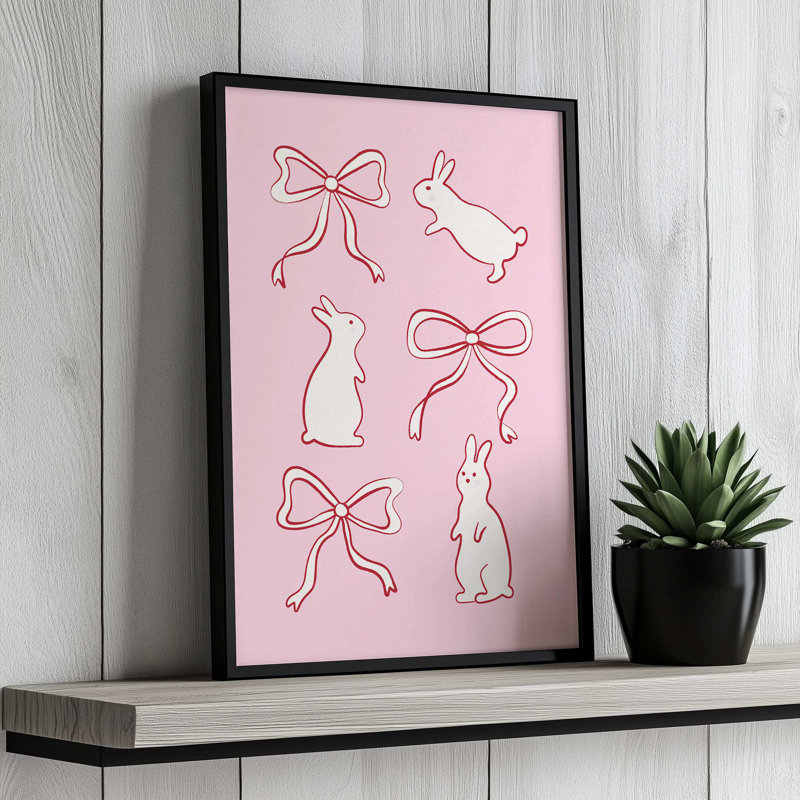 «Ribbon Bows and Bunnies in Red» par Garima Dhawan, impression, Argent argent, Cadre à joints visibles, H 16 po x l 12 po