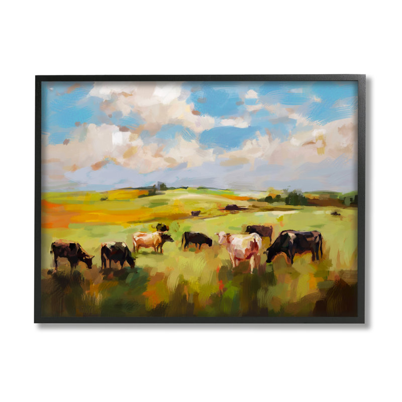 «Vaches qui broutent» par Ziwei Li, H 16 po x l 20 po x P 1,5 po, Giclée encadrée noir minuit
