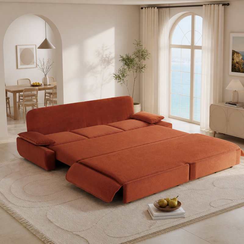 Canapé-lit convertible en velours côtelé 94,5 po très grand 94,5 po, multifonctionnel et confortable, Orange