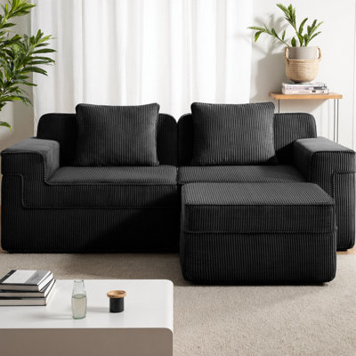 Modular 2-Seat L-Shaped Sectional Sofa with Ottoman, Cloud Boneless Couch with Deep Seat & Throw Pillows, Corduroy Fabric Modern Sofa for Living Room, No Assembly Required