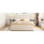 Grand lit tapissier beige avec rangement pour la tête de lit, lampes de lecture sous le tiroir et le lit gigogne, rangement