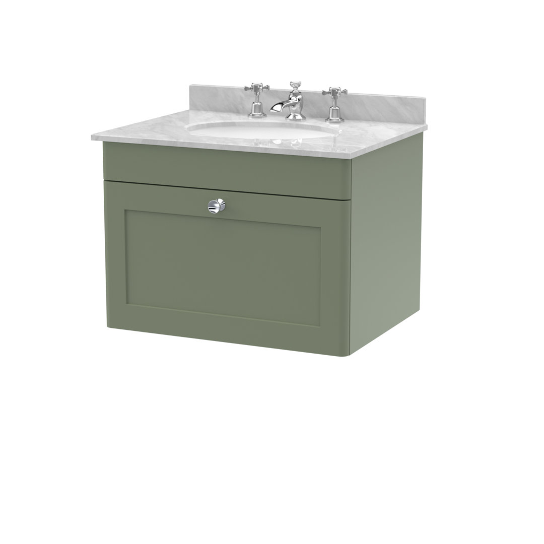 Nuie 600mm Wall Hung 1 Drawer Vanity & Marble Top 3TH - Satin Green - Image 2