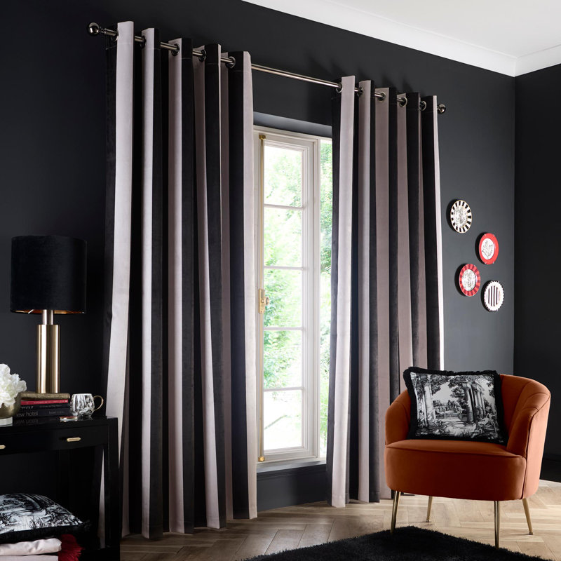 Laurence Llewelyn-Bowen Festivo Stripe Eyelet Curtains Black, 117cm Width x 137cm Drop