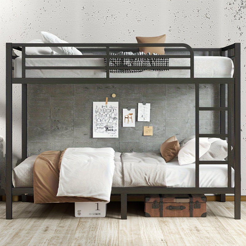 Lit superposé en métal robuste très grand sur double TG pour adultes et adolescents, structure peu encombrante avec rangement insonorisant et rangement sous le lit, noir