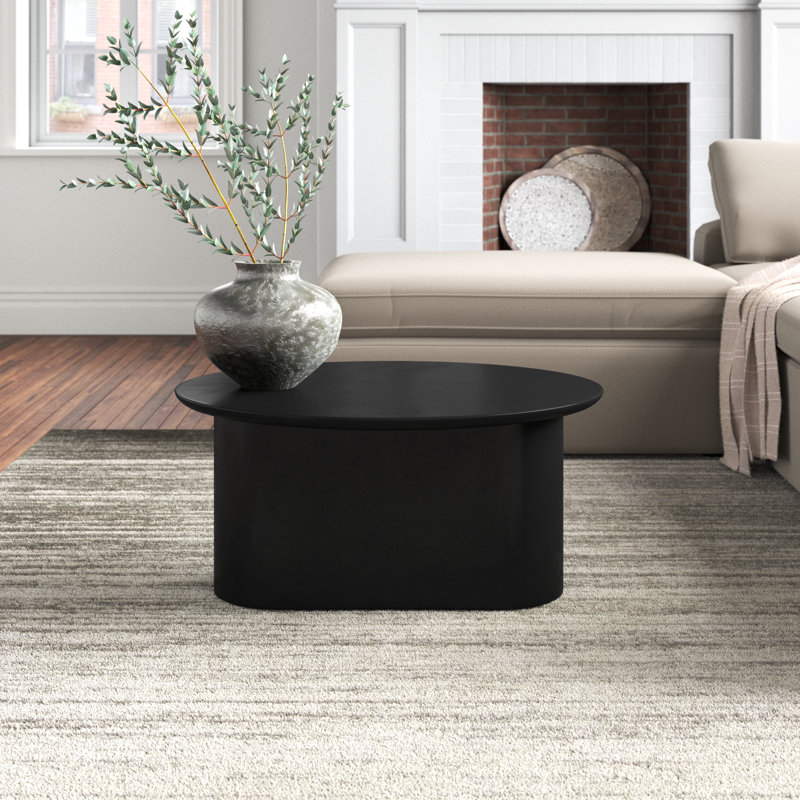 Minimalist Mango Wood Coffee Table for Living Room - Modern Small Accent Table with Cylindrical Pedestal Base for Everyday Use - 32", Black