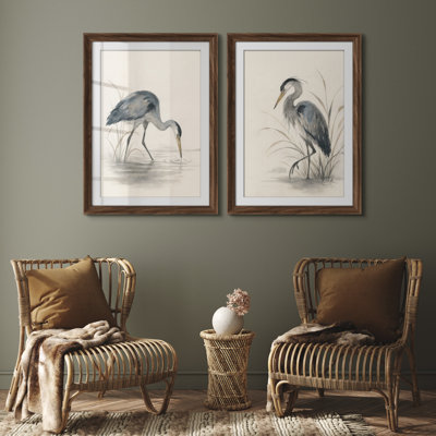 Elegant Heron Birds Neutral Nature Wall Decor for Living Room Bedroom or Entryway Framed Wall Art 26"x36" Set of 2