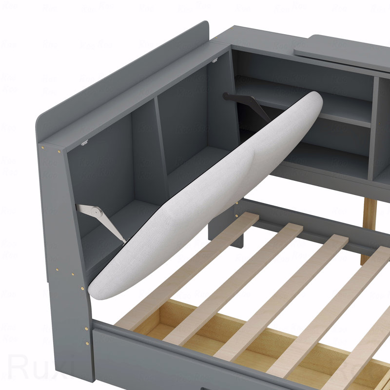 Cadre de lit plateforme simple en bois, tête de lit avec rangement, tablettes, 2 tiroirs, Gris
