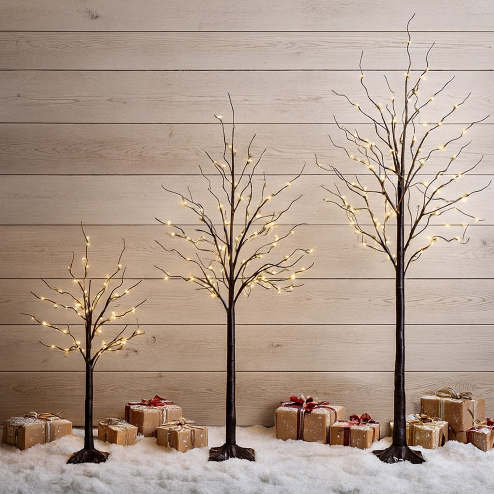 4Ft. 6Ft. 8Ft. Pre-Lit Artificial White Birch Trees With LED Lights - Set Of 3, 72" H x 24" W x 24" D, Brown
