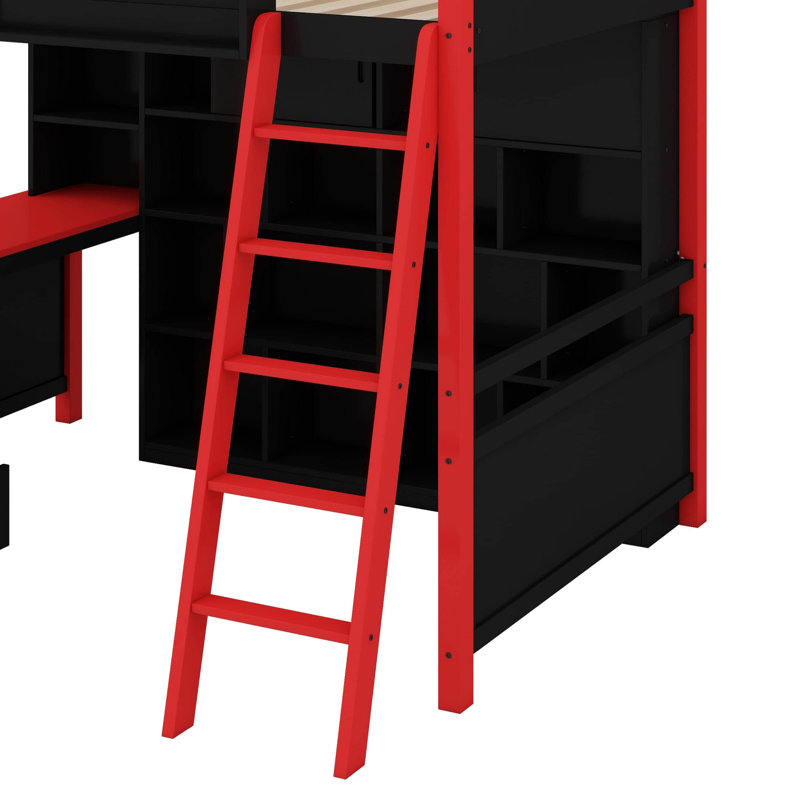 Wood Loft Bed With Desk & Storage, Built-In Bookshelf And LED Lighting For Kids Teens Adults, Red