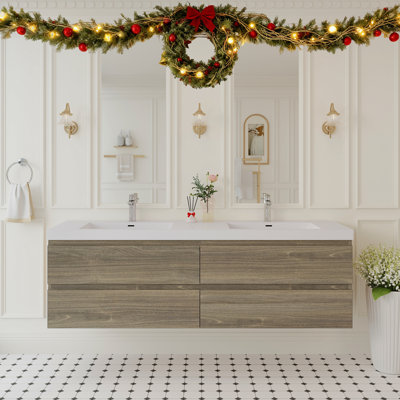 72" Floating Bathroom Vanity With Sink, Modern Wall-Mounted Bathroom Storage Vanity Cabinet With Solid Surface Top Basin, Two Sinks Four Soft Close Drawers, Ash Grey GF-24V11-72AG-W1573P152709