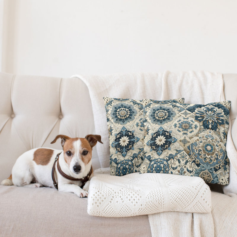 24" Off-White and Blue Microfiber Square Pillow Covers, Set of 2