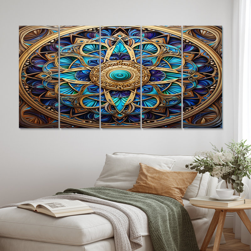 Rétro floral doré mandala magique II - impression d'art mural mandala boho - 5 panneaux égaux